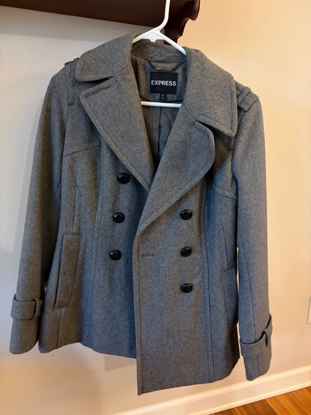 Express Gray Wool-Blend Coat with Branded Chain Detail